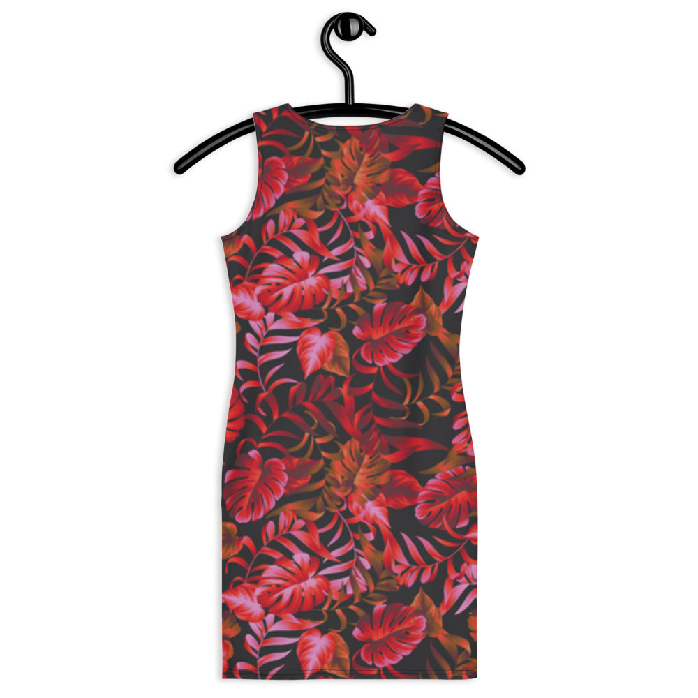 Caffeinated Characters Drop Dead Red Tropical pattern form fitting dress