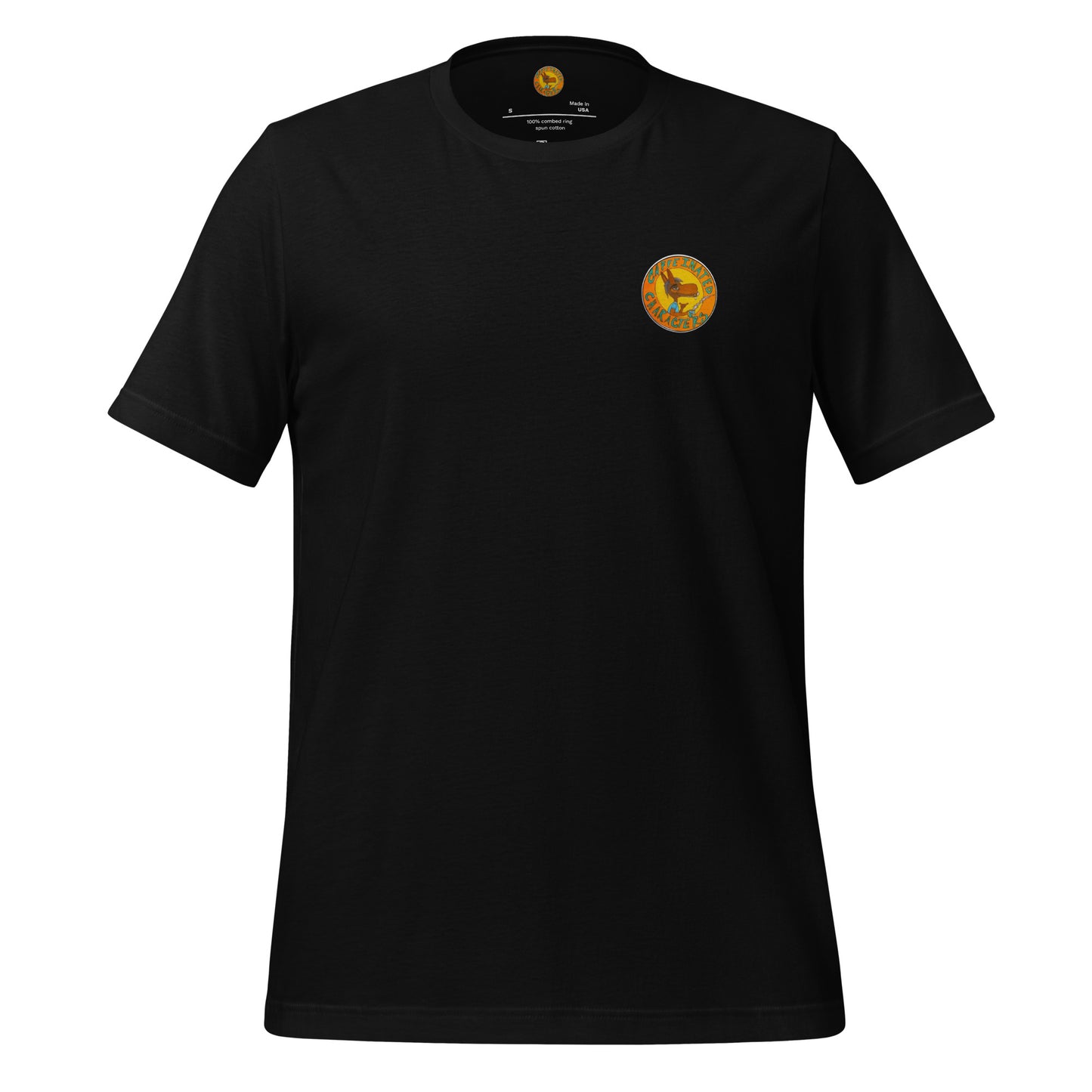 Caffeinated Characters Unisex T-Shirt in Black.showing Orange and Yellow Logo on the front pocket and on the inside collar