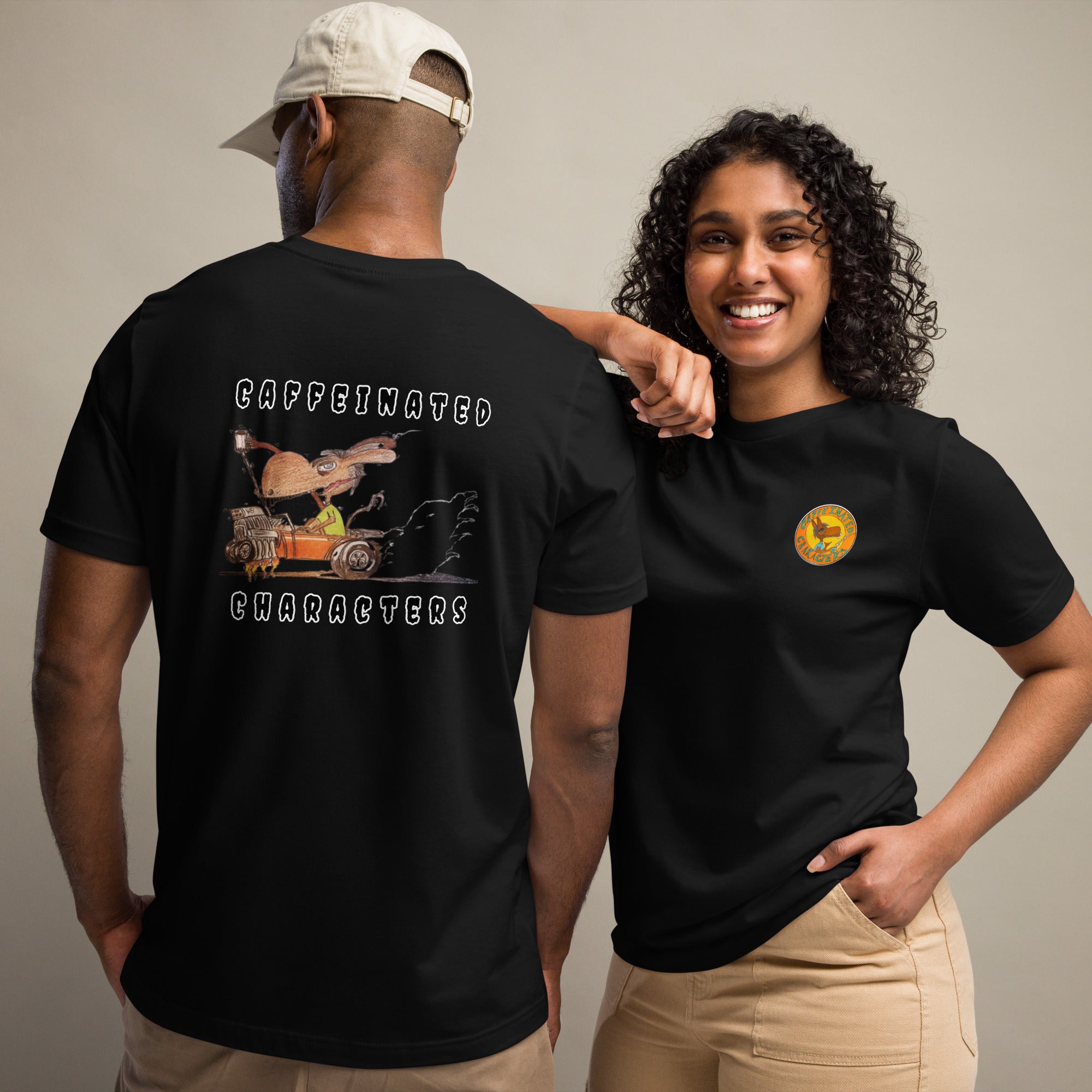 Caffeinated Characters Rat Rod Unisex T-Shirt in black with print on the back and the logo on the front