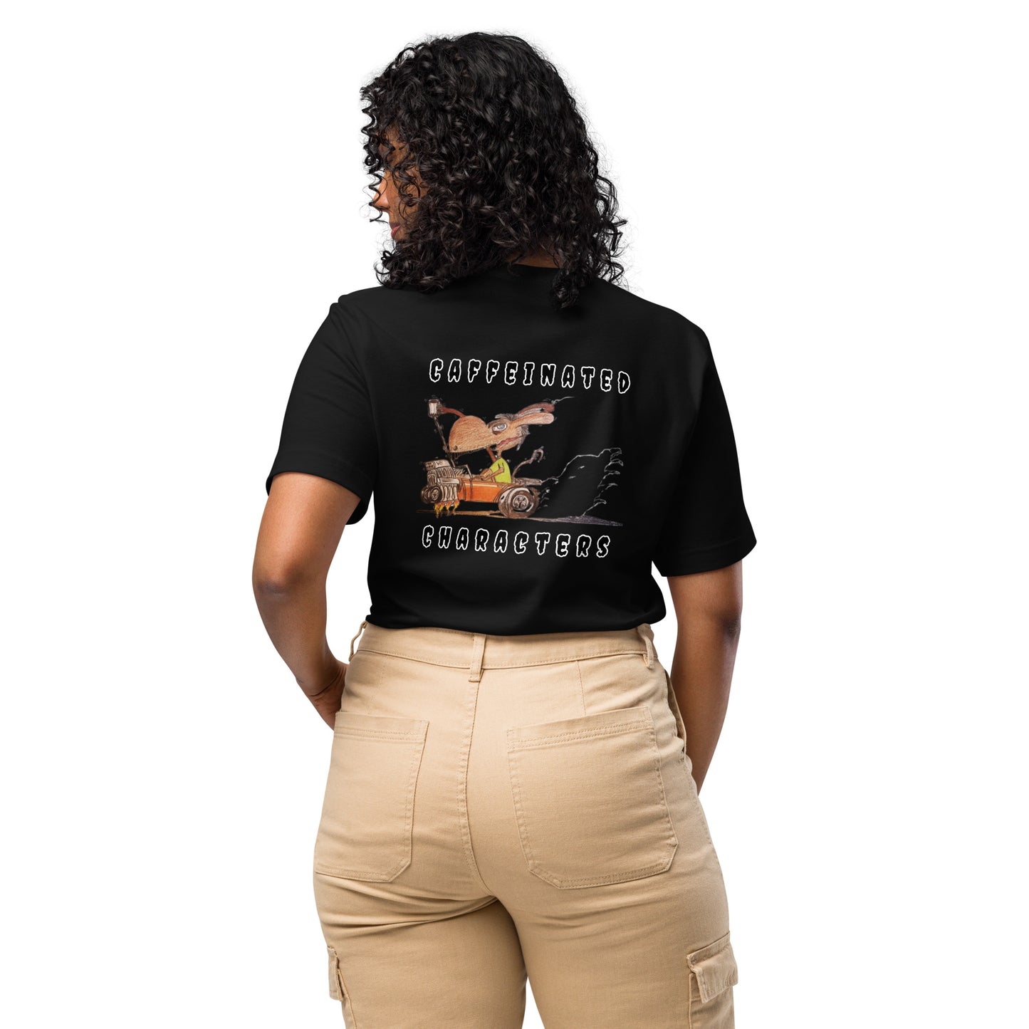 Caffeinated Characters Unisex T-Shirt in Black tucked in ,back shot on a Woman