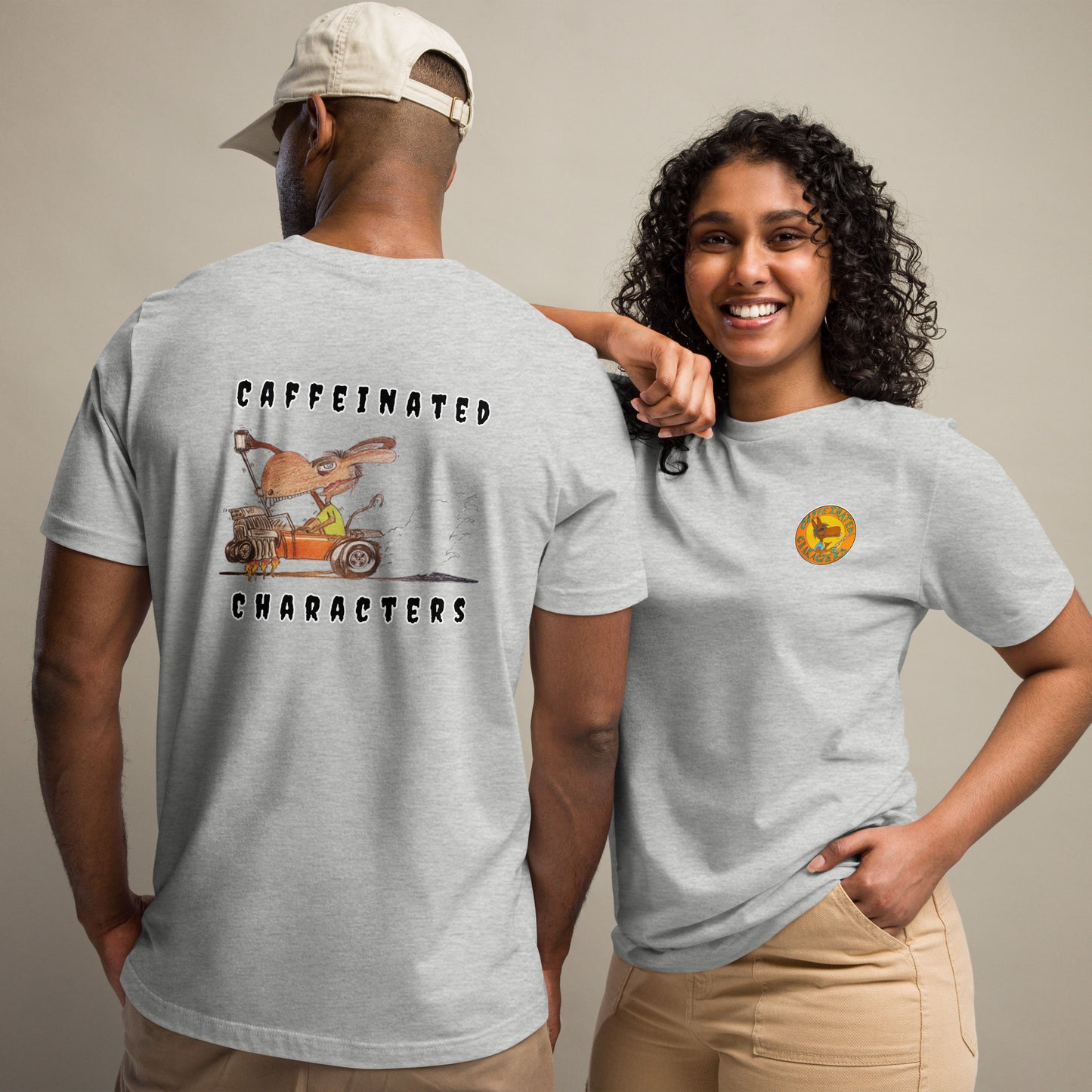 Caffeinated Characters Rat Rod Unisex T-Shirt in Athletic Heather G= with print on back and the logo on the front