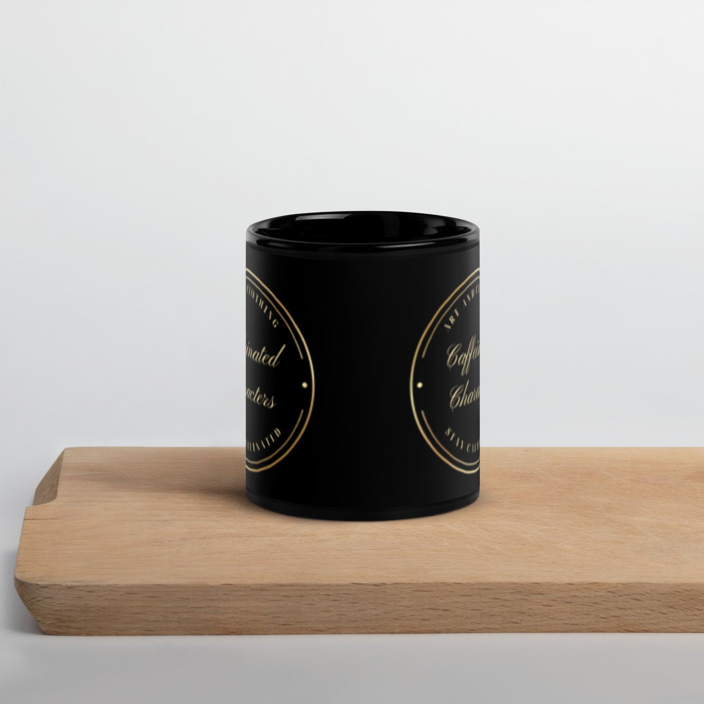 Black and Gold Caffeinated Characters Minimalist Logo 11 oz mug front