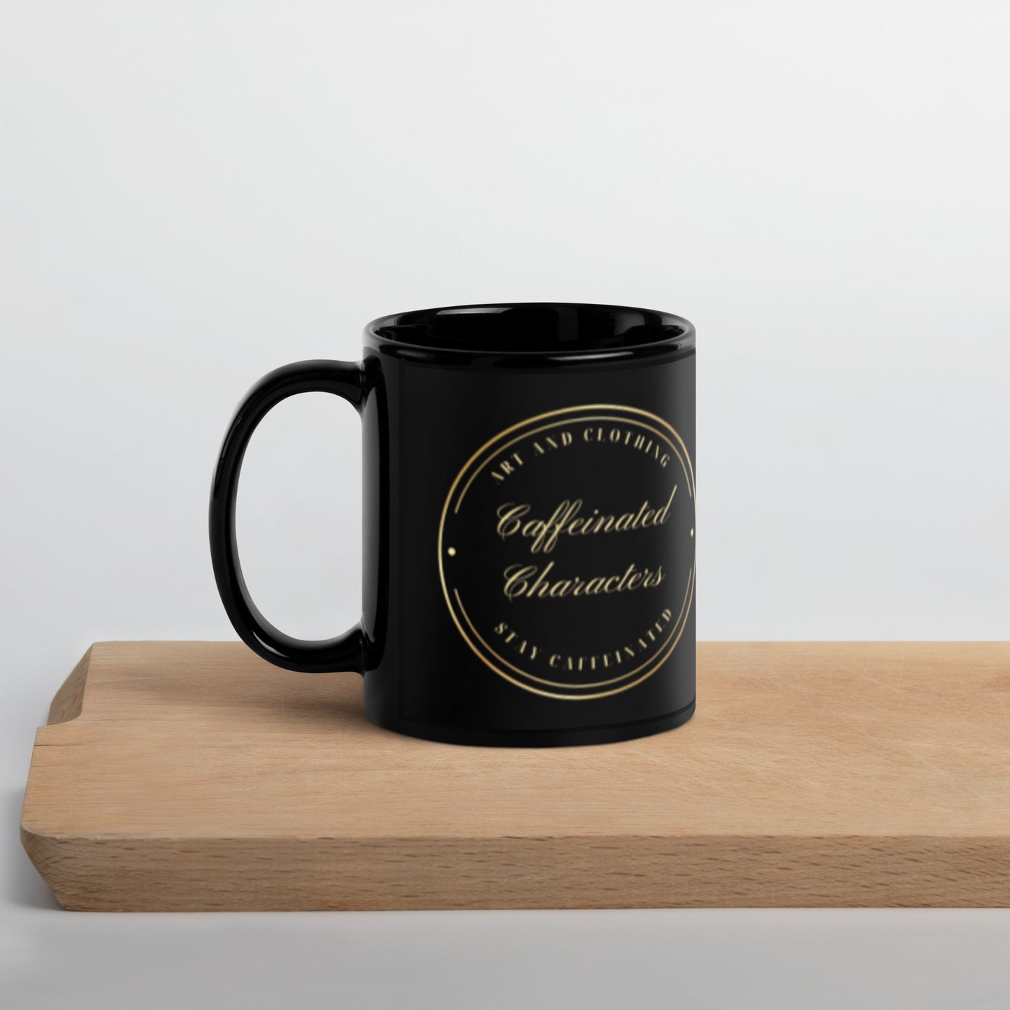 Black and Gold Caffeinated Characters Minimalist Logo 11 oz mug handle on right side