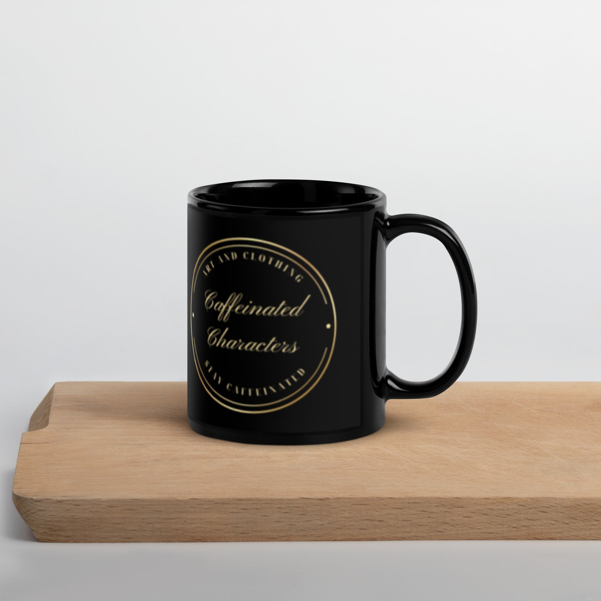 Black and Gold Caffeinated Characters Minimalist Logo 11 oz mug handle on left side