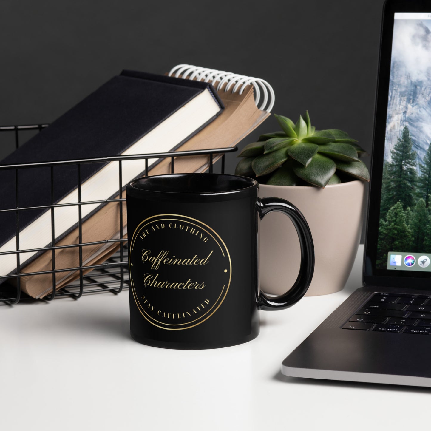 Caffeinated Characters Black and gold logo on a black glossy 11 oz mug