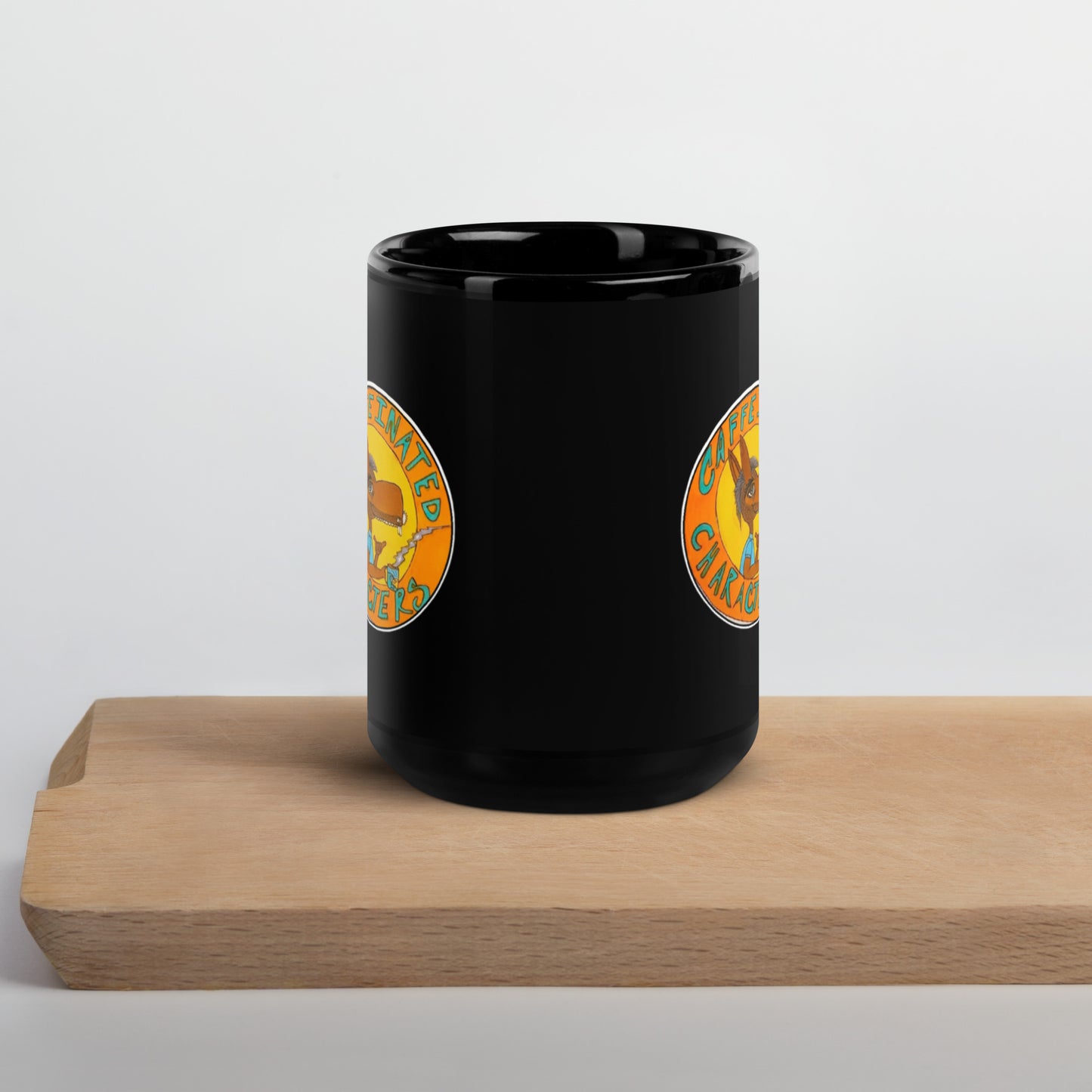 Caffeinated Characters Original Logo on the 11oz Black Glossy Mug