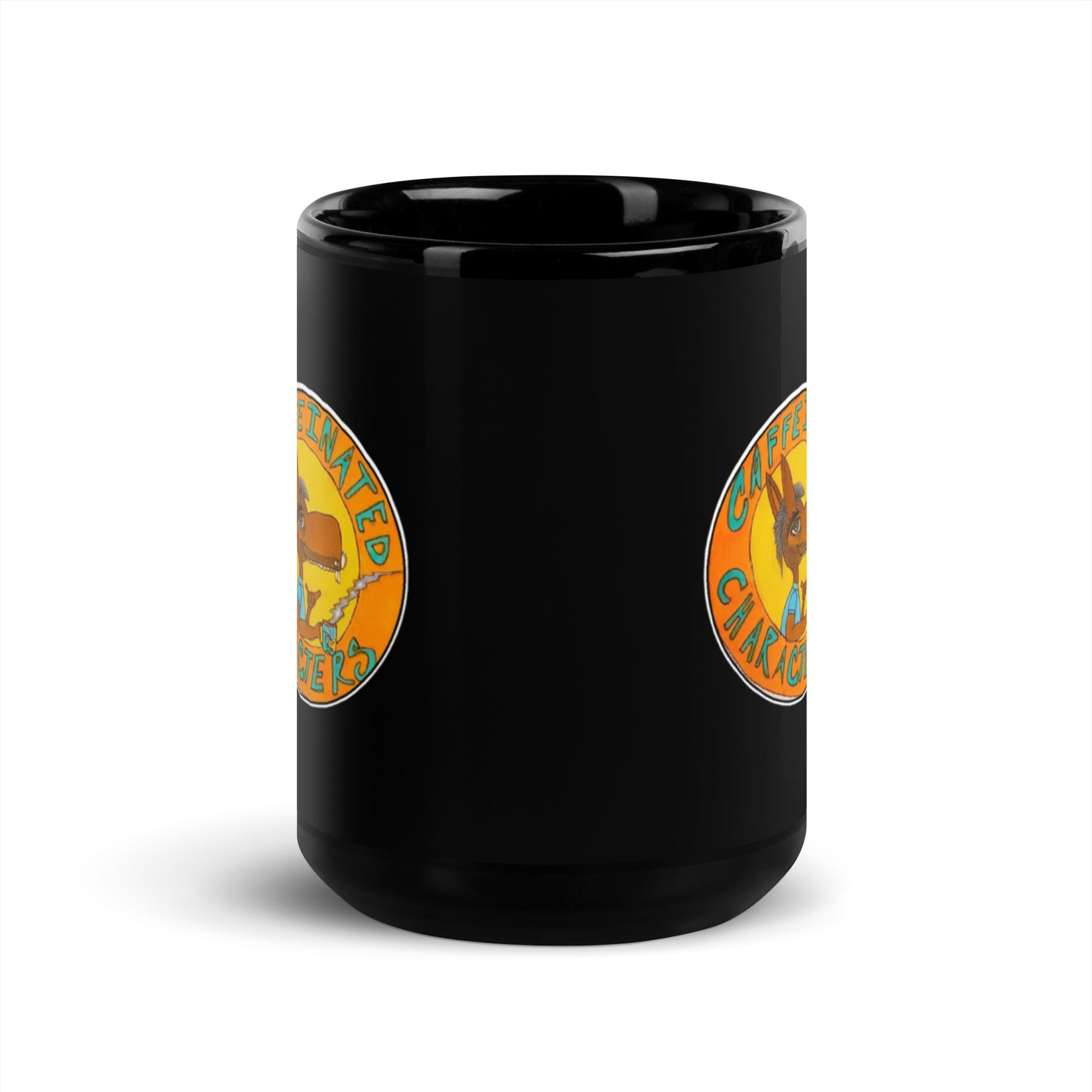 Caffeinated Characters Original Logo on the 11oz Black Glossy Mug