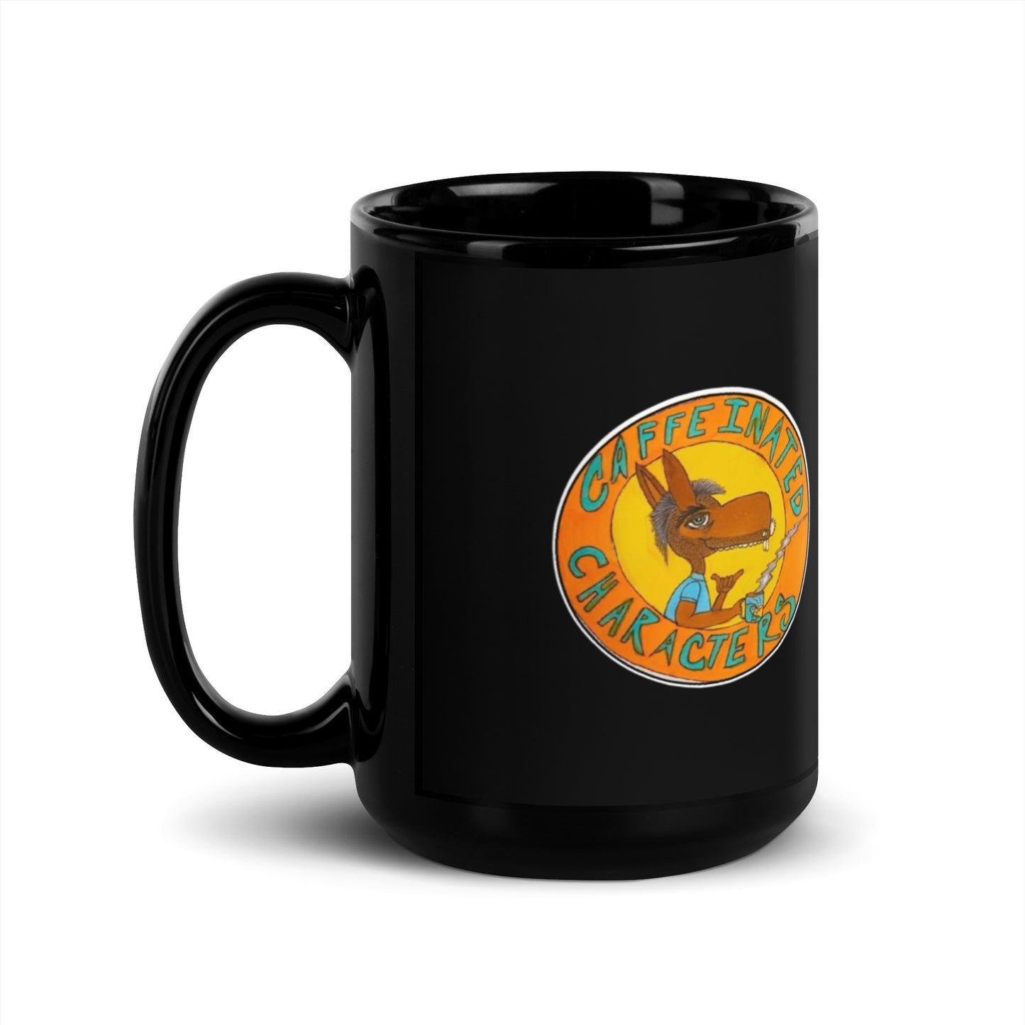 Caffeinated Characters Original Logo on the 11oz Black Glossy Mug