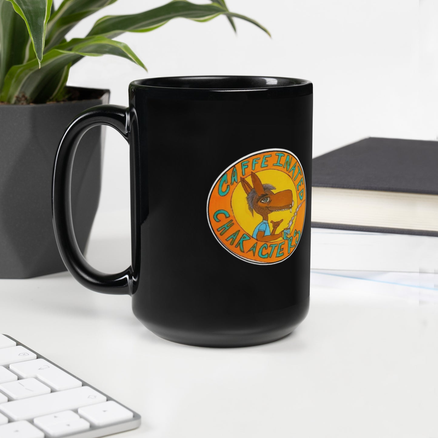 Caffeinated Characters Original Logo on the 11oz Black Glossy Mug