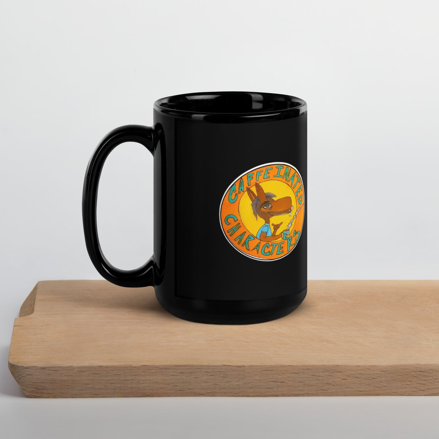 Caffeinated Characters Original Logo on the 11oz Black Glossy Mug