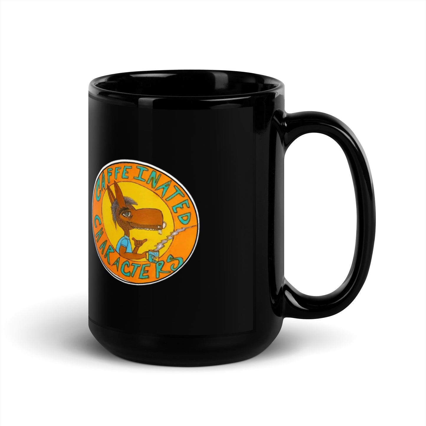 Caffeinated Characters Original Logo on the 11oz Black Glossy Mug