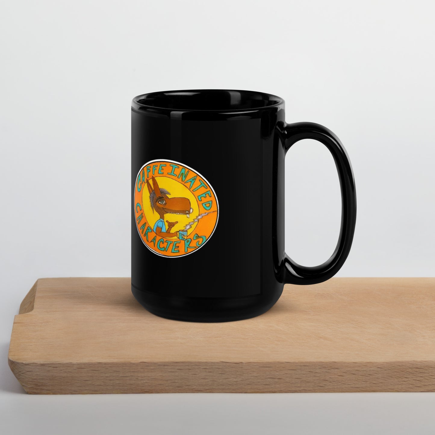 Caffeinated Characters Original Logo on the 11oz Black Glossy Mug