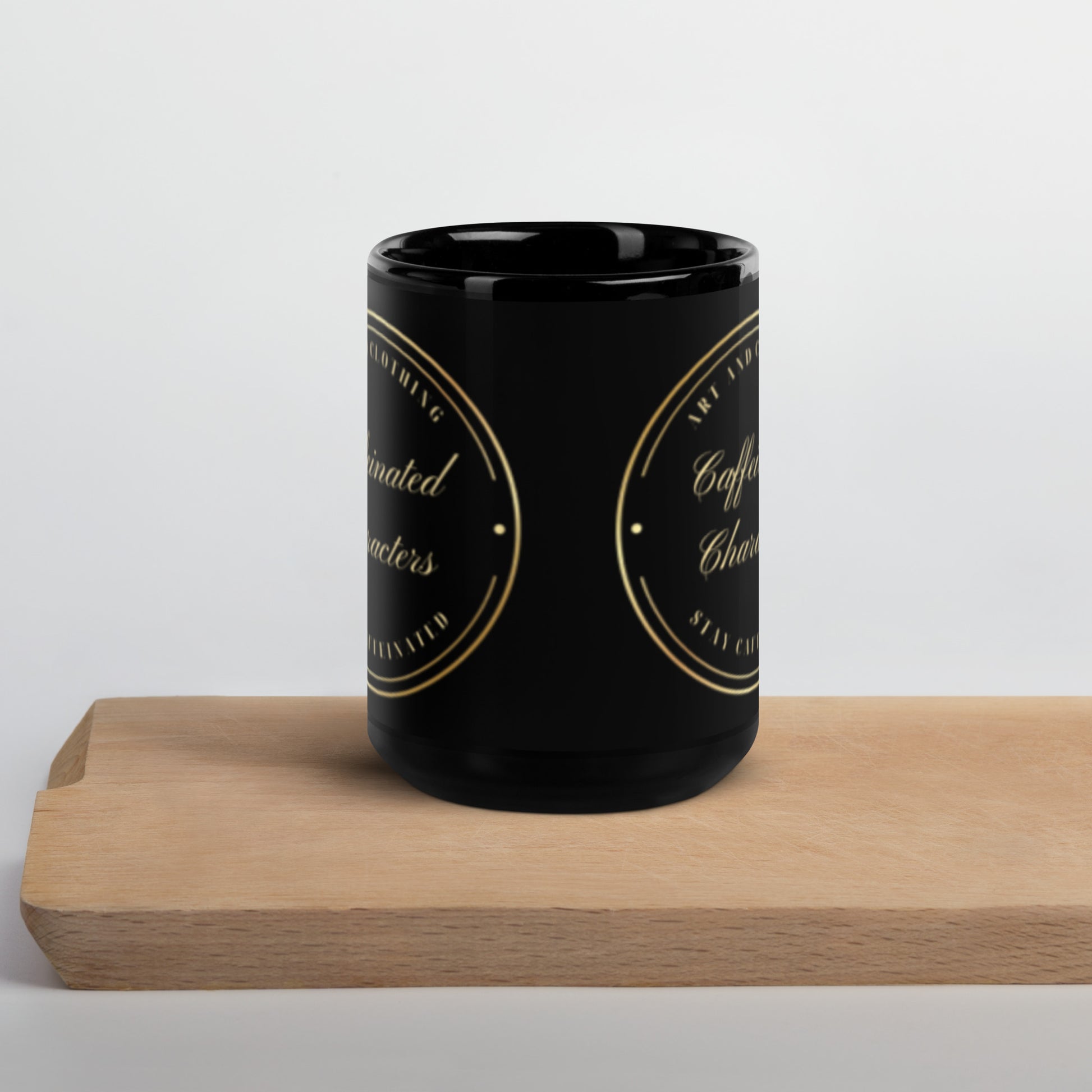 Black and Gold Caffeinated Characters Minimalist Logo 15 oz mug front