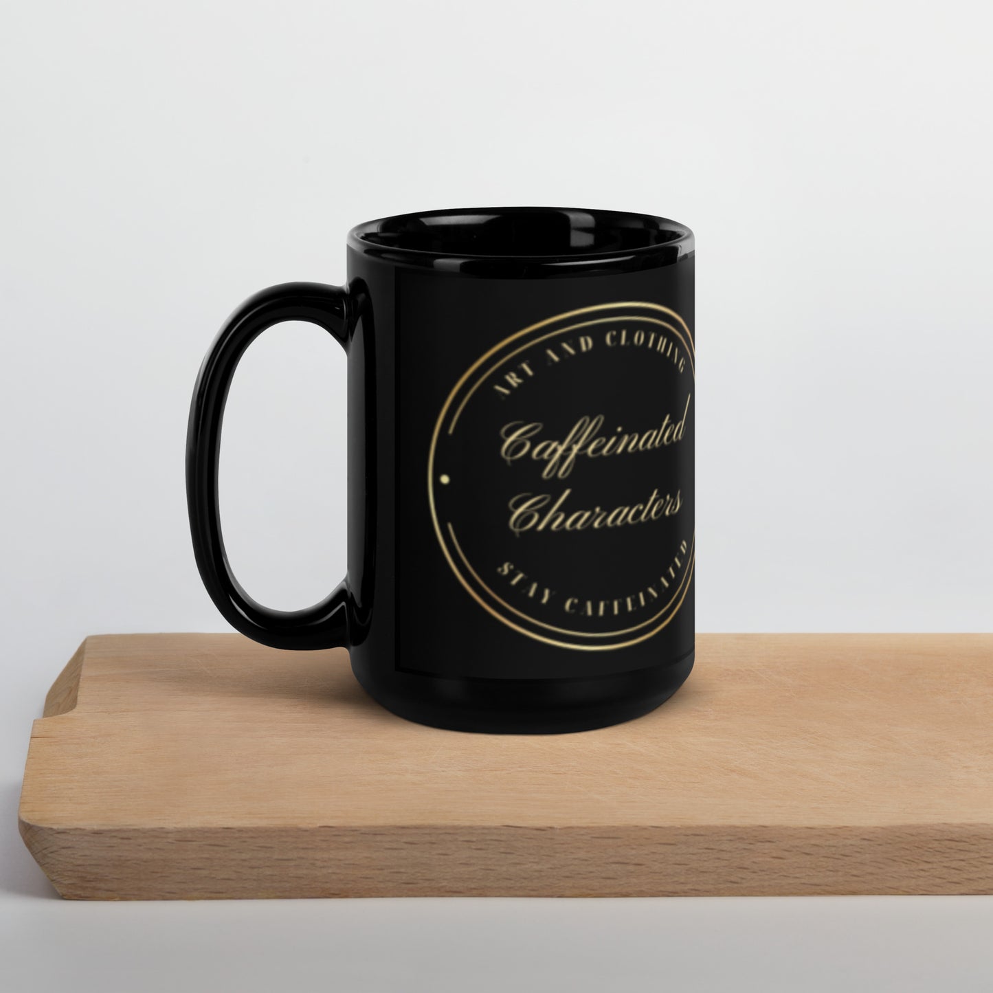 Black and Gold Caffeinated Characters Minimalist Logo 15 oz mug handle on right side