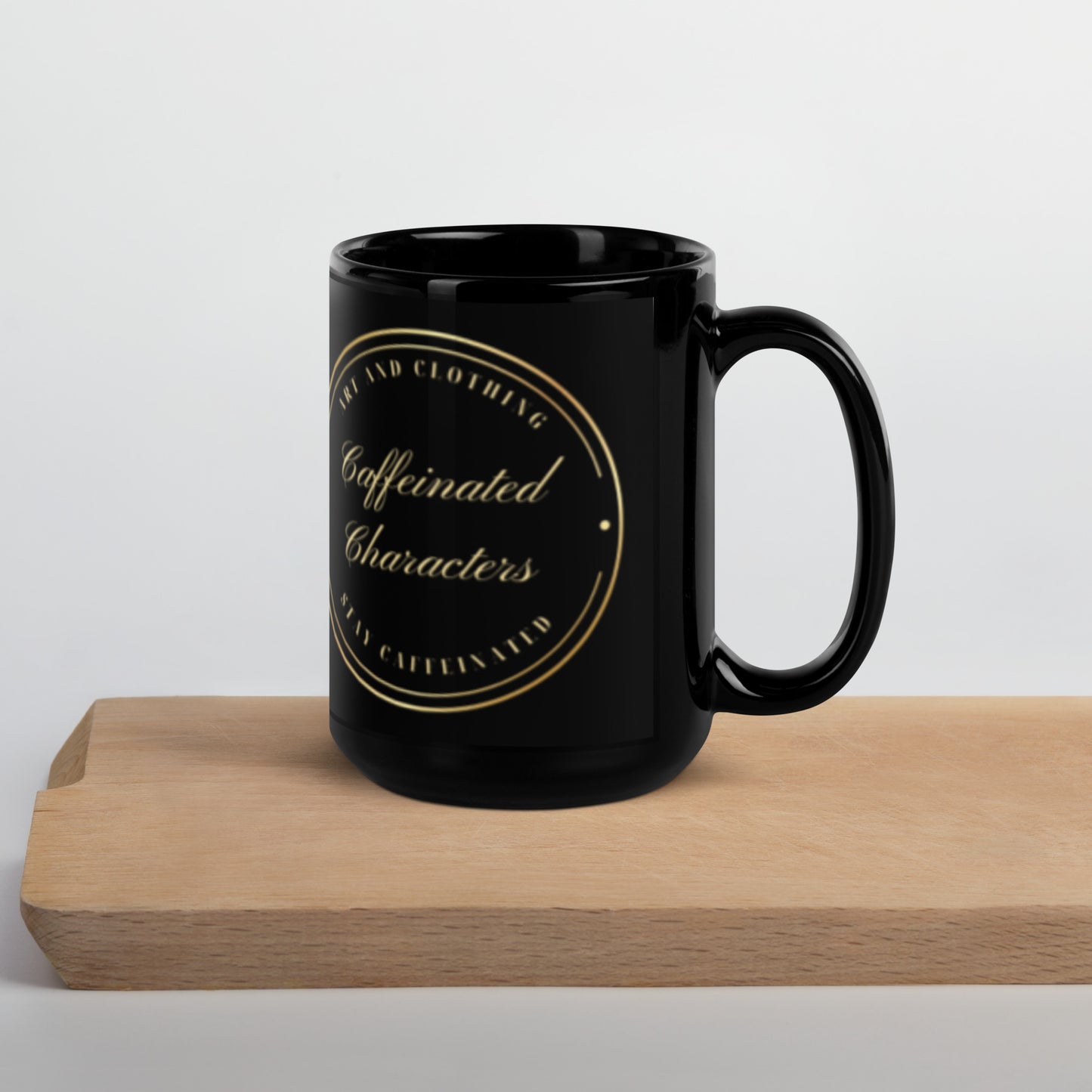 Black and Gold Caffeinated Characters Minimalist Logo 15 oz mug handle on left side