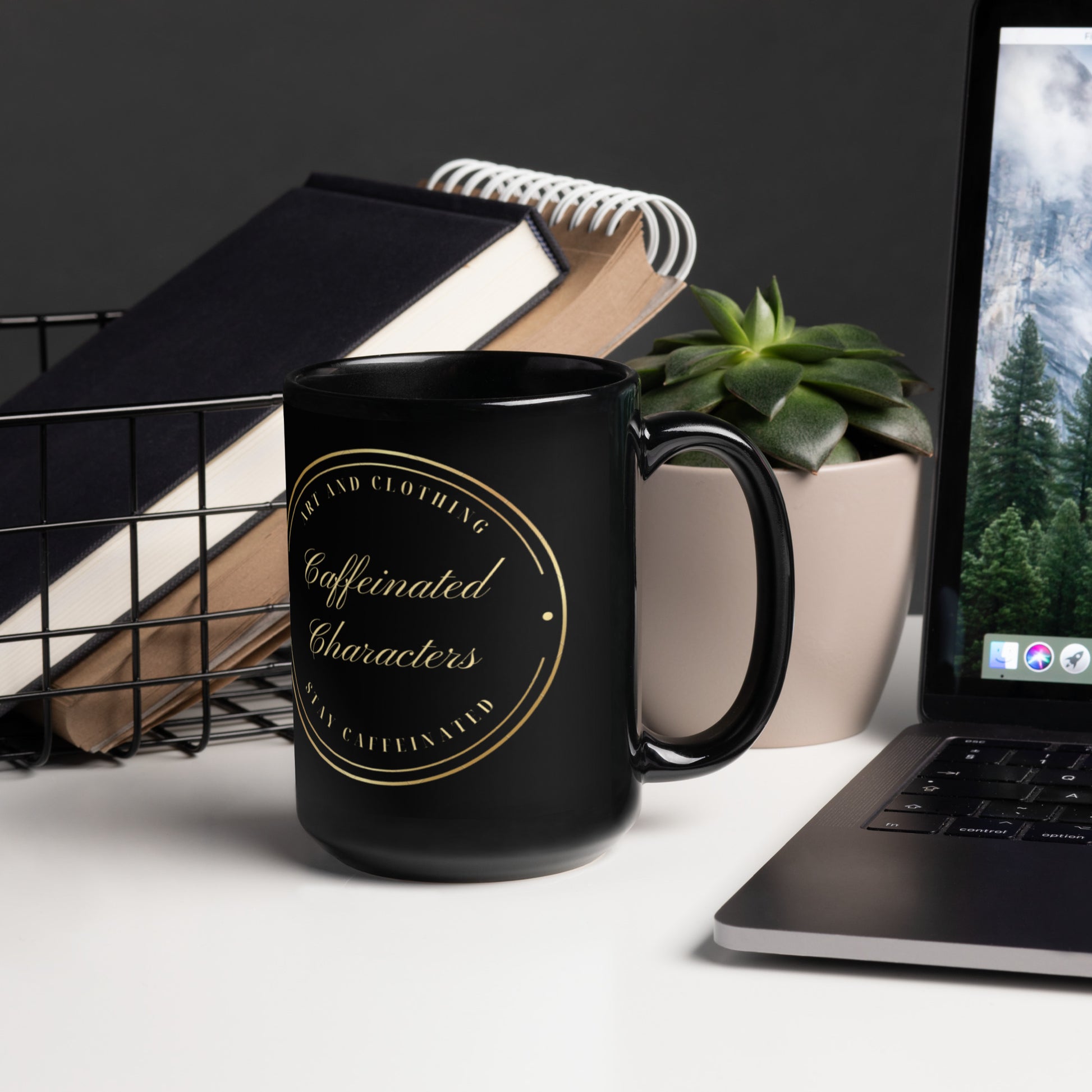 Caffeinated Characters Black and gold logo on a black glossy 15 oz mug