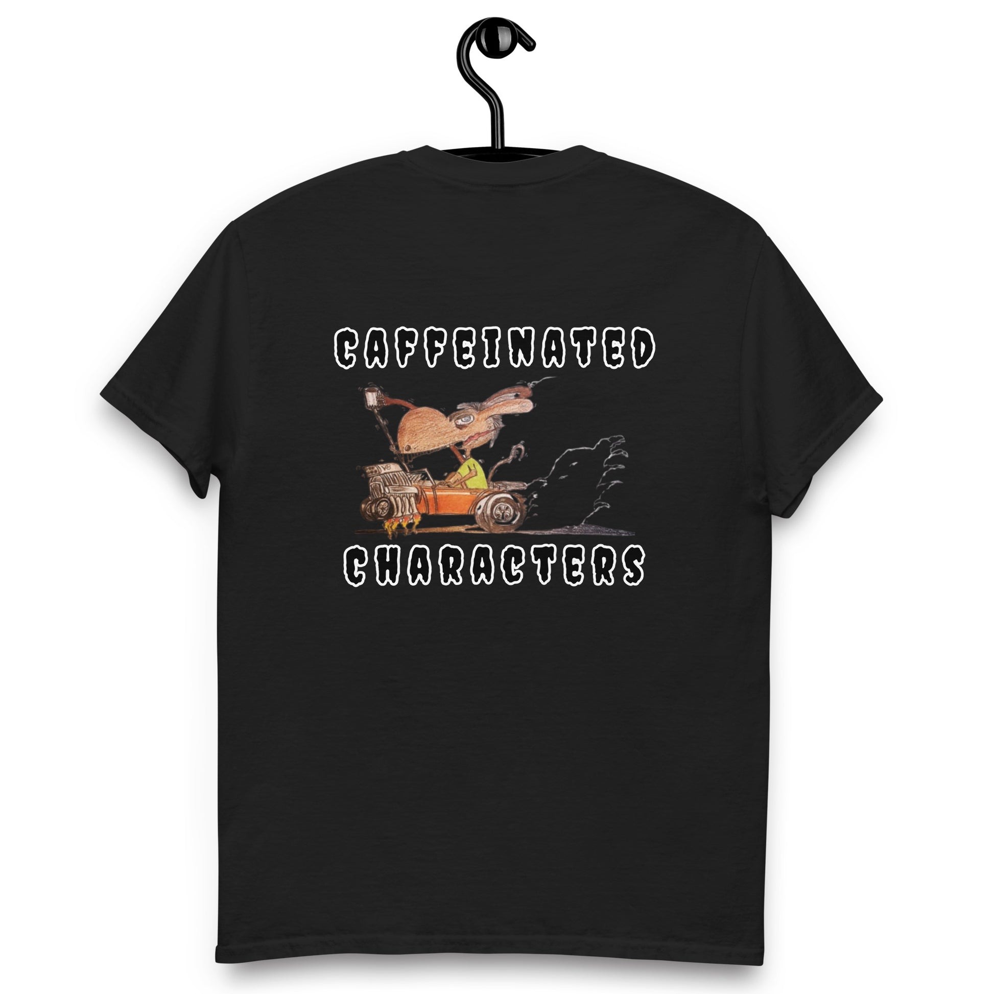 Caffeinated Characters  Black Rat Rod T-shirt with the print on the back and the logo o the front black letters with a white outline