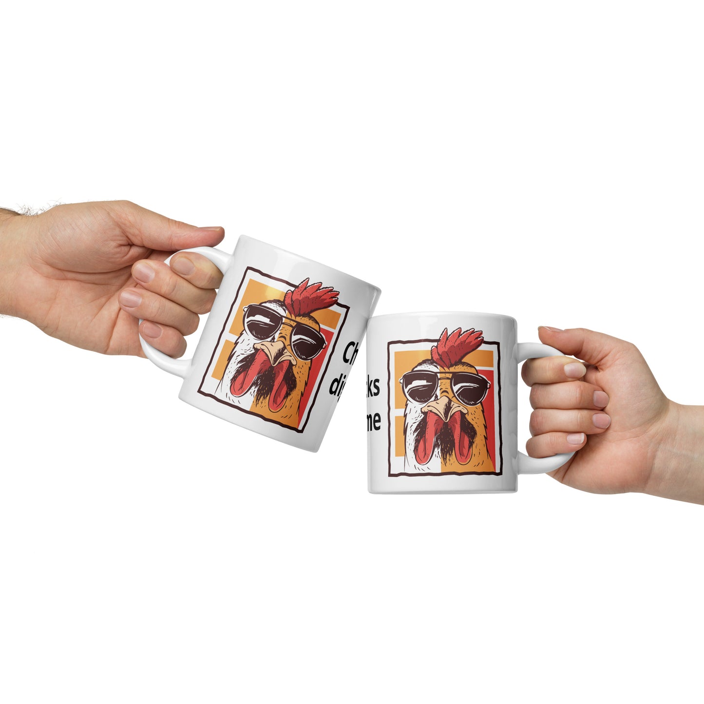 2 hands holding white mug with a color drawing of a Rooster wearing sunglasses clinking mugs